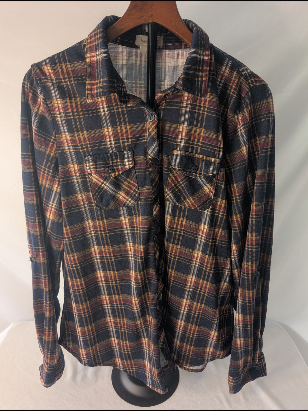 Passport Plaid Button-Down Shirt in Navy, Brown & Red Women's Xl